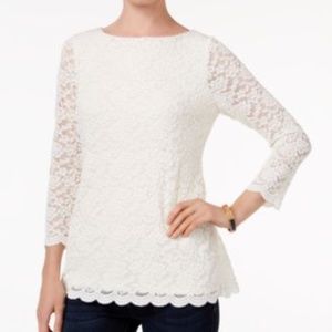 NEW PETITE X-SMALL BOAT NECK LACE TOP MACYS LOT407